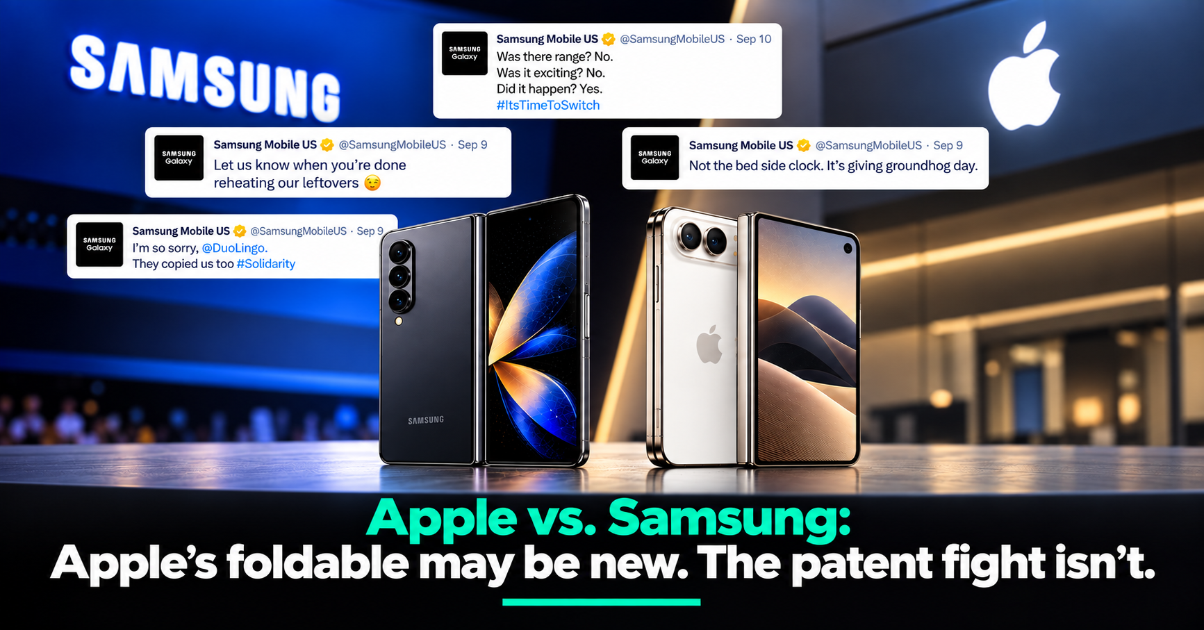 A dark Samsung foldable phone and a white Apple foldable phone standing open side by side on a stage, with Samsung Mobile US social media posts above them and the headline Apple vs Samsung below.