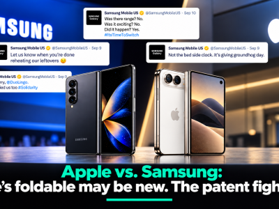 A dark Samsung foldable phone and a white Apple foldable phone standing open side by side on a stage, with Samsung Mobile US social media posts above them and the headline Apple vs Samsung below.